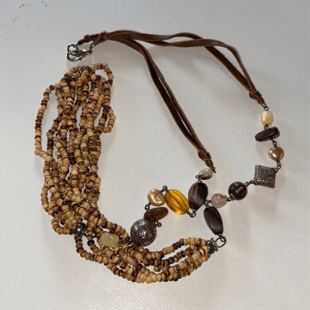 Chicos Brown, amber & silver beaded long necklace